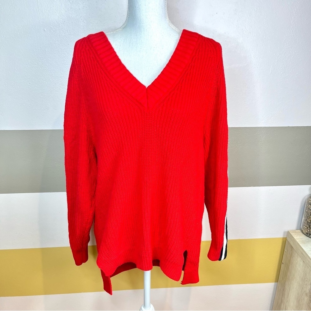 2/$25 Express Bright Red Striped Knit Woven Pullover Bold Chunky Thick Sweater S - Picture 12 of 15